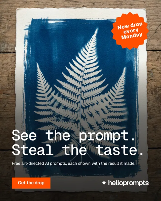 Instagram portrait post for HelloPrompts: "See the prompt. Steal the taste." Swiss style, sticker layout, dark palette in blue, black, grey.