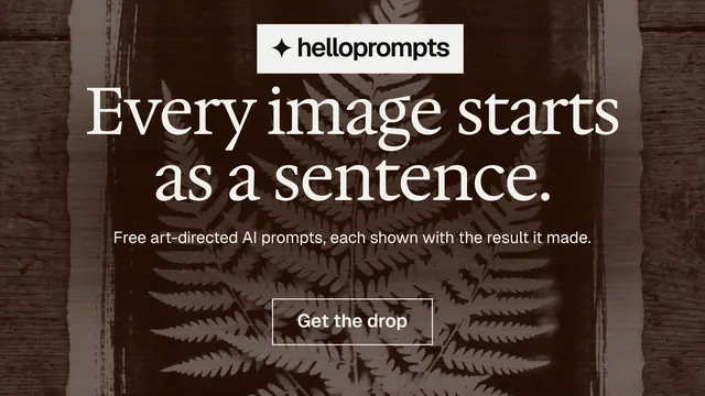 Landscape graphic for HelloPrompts: "Every image starts as a sentence." Editorial style, centred layout, dark palette in orange, black, grey.