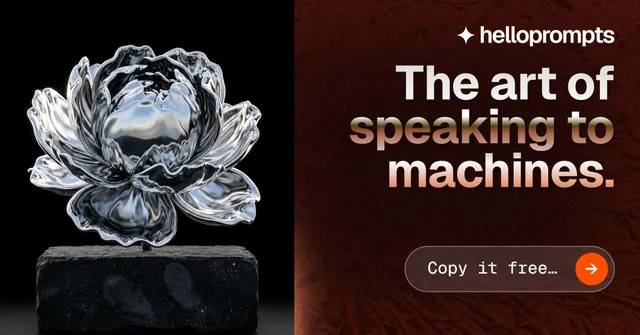 Social ad for HelloPrompts: "The art of speaking to machines." Agentic glass style, right layout, dark palette in black, red, grey.