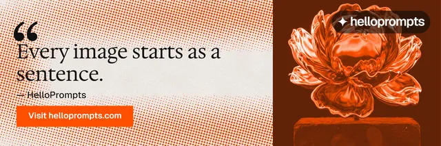 X header for HelloPrompts: "See the prompt. Steal the taste." Swiss style, quote layout, light palette in orange.