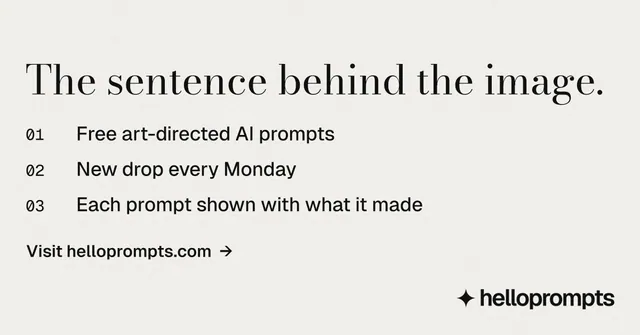 Social ad for HelloPrompts: "The sentence behind the image." Minimal luxury style, numbered layout, light palette in white.