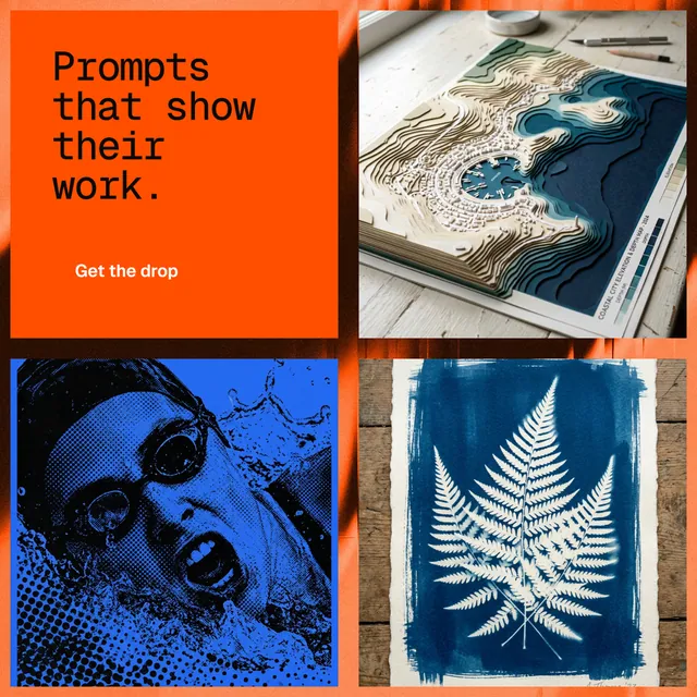 Instagram post for HelloPrompts: "Prompts that show their work." Swiss style, collage layout, dark palette in blue, orange, grey.