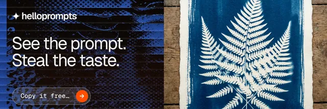 X header for HelloPrompts: "See the prompt. Steal the taste." Agentic glass style, bottom layout, dark palette in black, blue, grey.