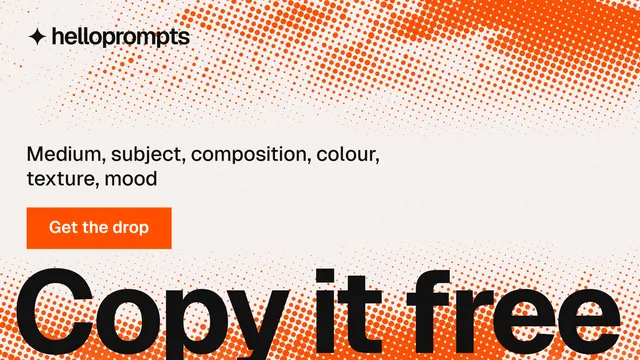 Landscape graphic for HelloPrompts: "The art of speaking to machines." Swiss style, oversized layout, light palette in white, brown, orange.