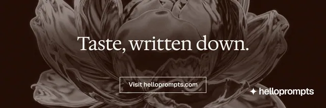 X header for HelloPrompts: "Taste, written down." Editorial style, centred layout, dark palette in black, orange, grey.