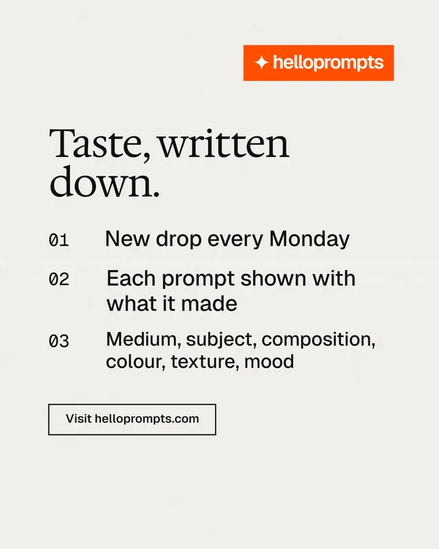 Instagram portrait post for HelloPrompts: "Taste, written down." Editorial style, numbered layout, light palette in white, orange.