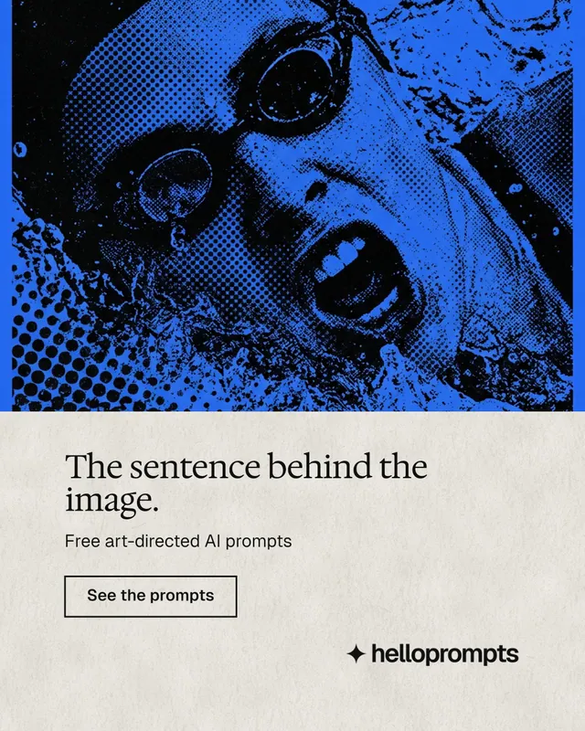 Instagram portrait post for HelloPrompts: "The sentence behind the image." Editorial style, bottom layout, light palette in blue, black, white.