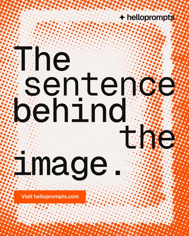 Instagram portrait post for HelloPrompts: "The sentence behind the image." Swiss style, stacked layout, light palette in orange, white.