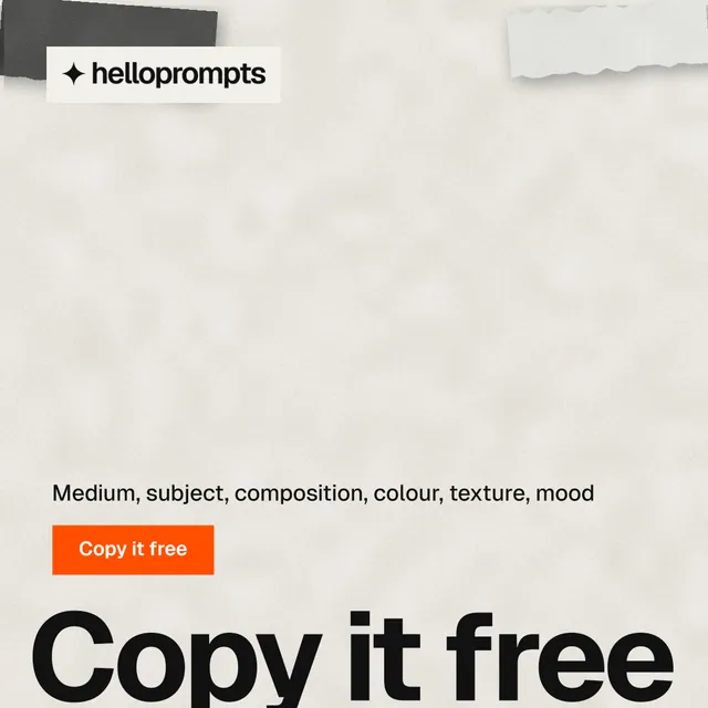 Instagram post for HelloPrompts: "Prompts that show their work." Swiss style, oversized layout, light palette in white, grey.
