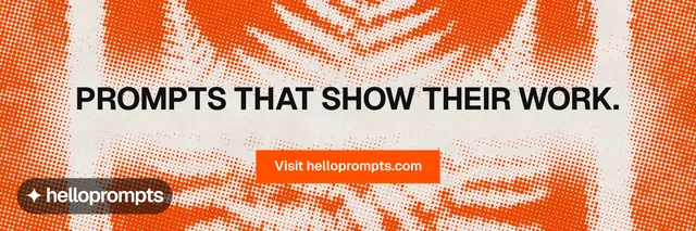 X header for HelloPrompts: "Prompts that show their work." Swiss style, centred layout, light palette in orange.