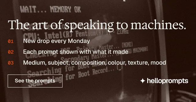 Social ad for HelloPrompts: "The art of speaking to machines." Editorial style, numbered layout, dark palette in orange, black, grey.