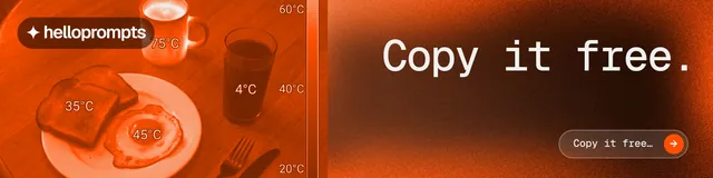 LinkedIn banner for HelloPrompts: "Copy it free." Agentic glass style, right layout, dark palette in orange.