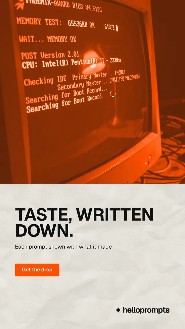 Instagram story for HelloPrompts: "Taste, written down." Retro print style, bottom layout, light palette in orange, white.