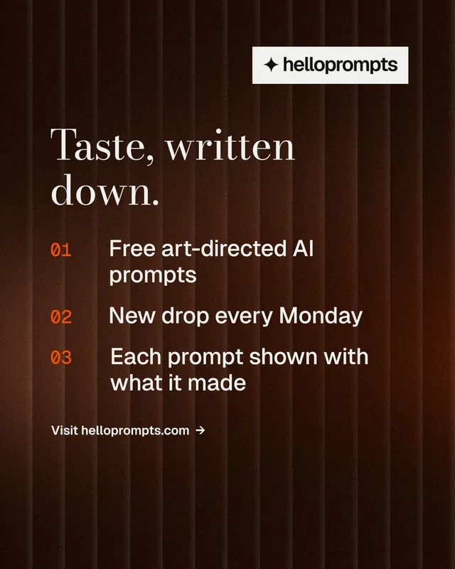 Instagram portrait post for HelloPrompts: "Taste, written down." Minimal luxury style, numbered layout, dark palette in black, orange, grey.