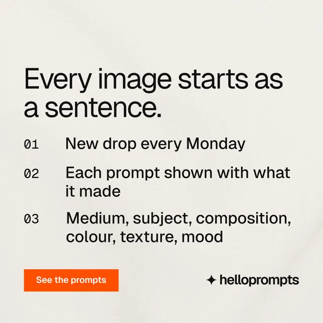 Instagram post for HelloPrompts: "Every image starts as a sentence." Swiss style, numbered layout, light palette in yellow, white, grey.