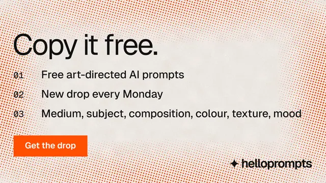 Landscape graphic for HelloPrompts: "Copy it free." Swiss style, numbered layout, light palette in orange.