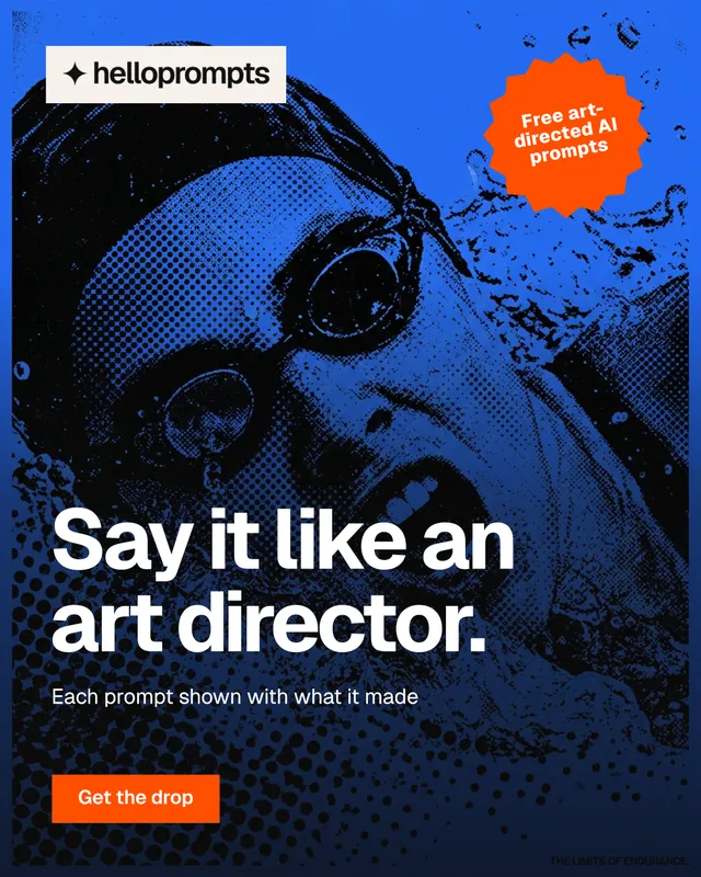 Instagram portrait post for HelloPrompts: "Say it like an art director." Swiss style, sticker layout, dark palette in blue, black.