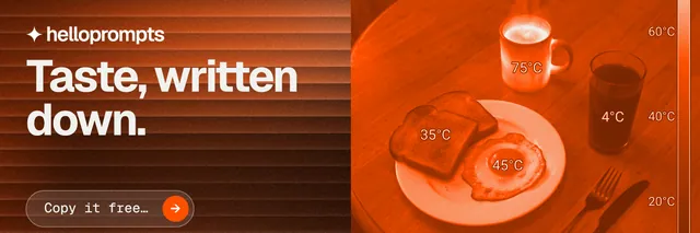 X header for HelloPrompts: "Taste, written down." Agentic glass style, bottom layout, dark palette in orange.