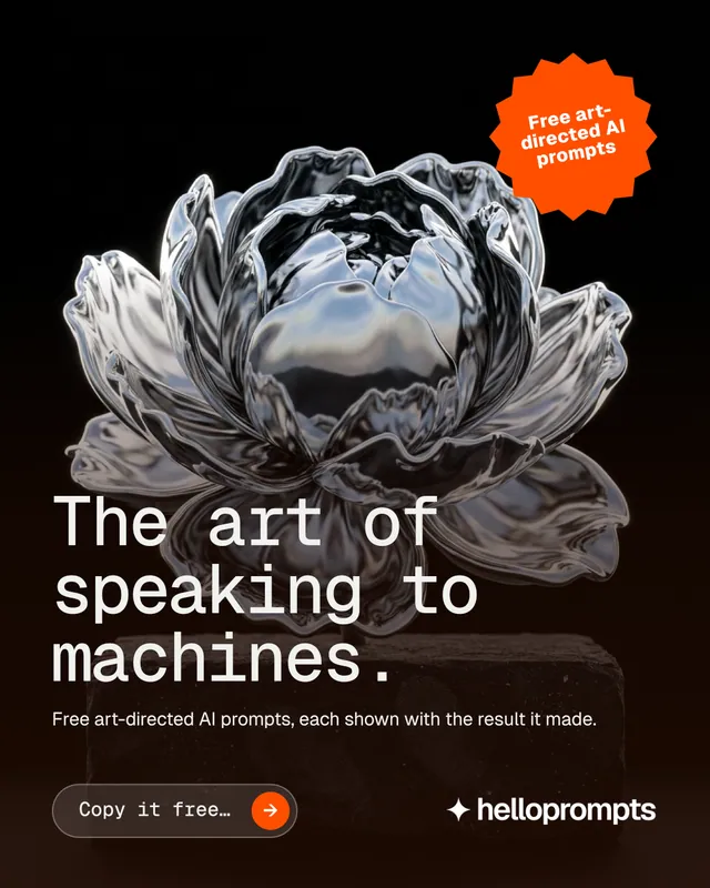 Instagram portrait post for HelloPrompts: "The art of speaking to machines." Agentic glass style, sticker layout, dark palette in black, orange, grey.