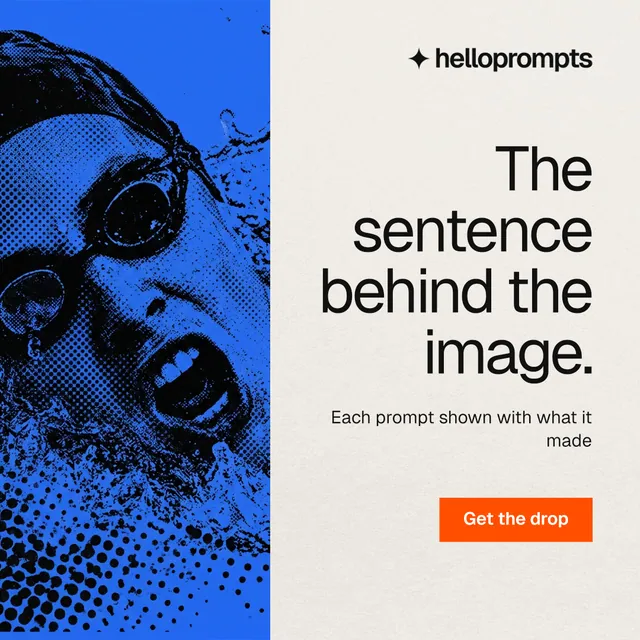 Instagram post for HelloPrompts: "The sentence behind the image." Swiss style, right layout, light palette in blue, yellow, white.