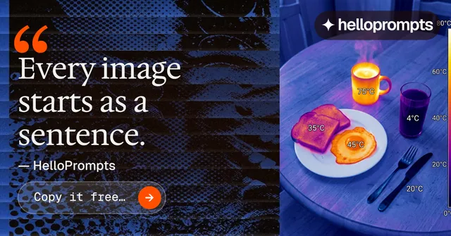 Social ad for HelloPrompts: "The sentence behind the image." Agentic glass style, quote layout, dark palette in blue, grey, black.