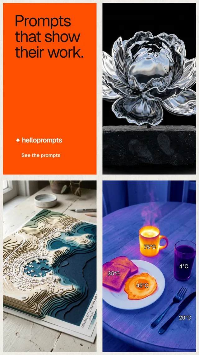 Instagram story for HelloPrompts: "Prompts that show their work." Swiss style, collage layout, light palette in grey, blue, orange.