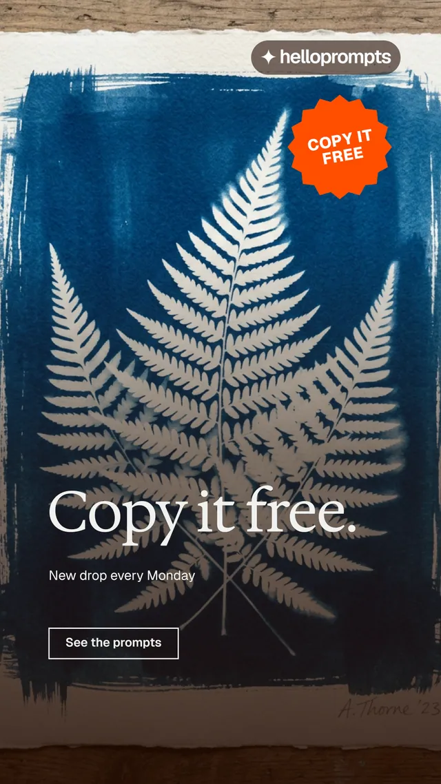 Instagram story for HelloPrompts: "Copy it free." Editorial style, sticker layout, dark palette in blue, black, grey.