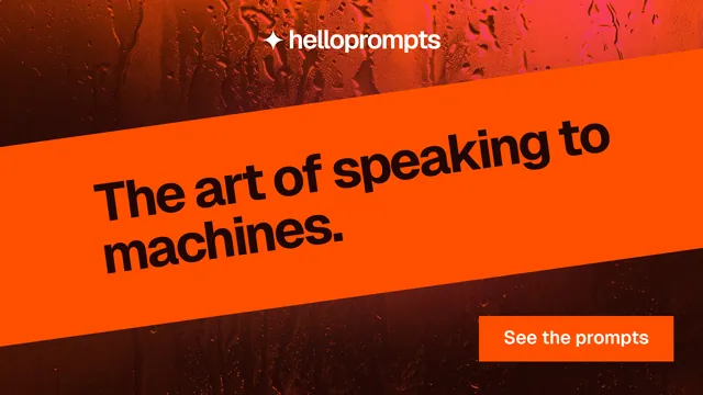 Landscape graphic for HelloPrompts: "The art of speaking to machines." Swiss style, diagonal layout, dark palette in orange, black, red.