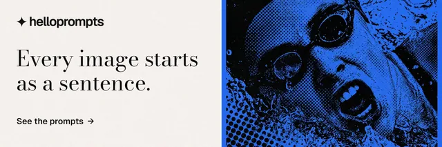 X header for HelloPrompts: "Every image starts as a sentence." Minimal luxury style, bottom layout, light palette in white, blue, black.