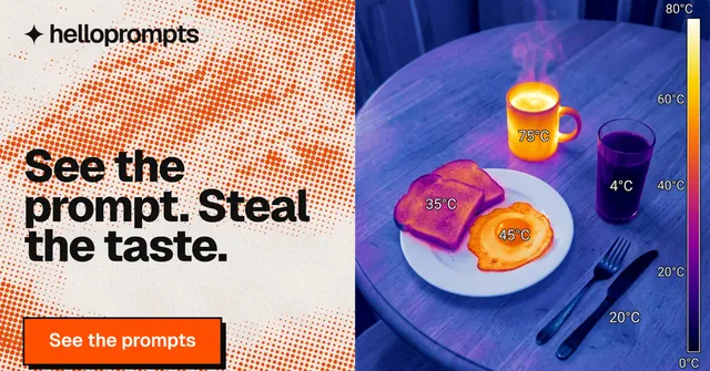 Social ad for HelloPrompts: "See the prompt. Steal the taste." Brutalist style, bottom layout, light palette in blue, purple, orange.