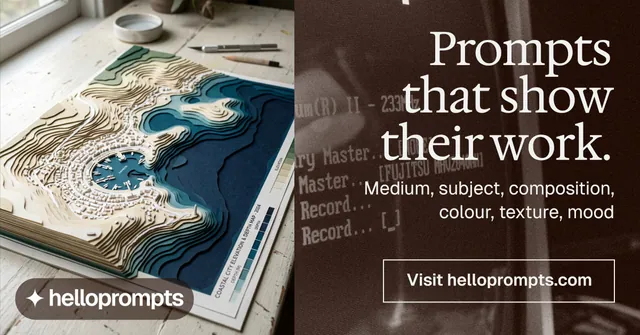 Social ad for HelloPrompts: "Prompts that show their work." Editorial style, right layout, dark palette in grey, black, orange.