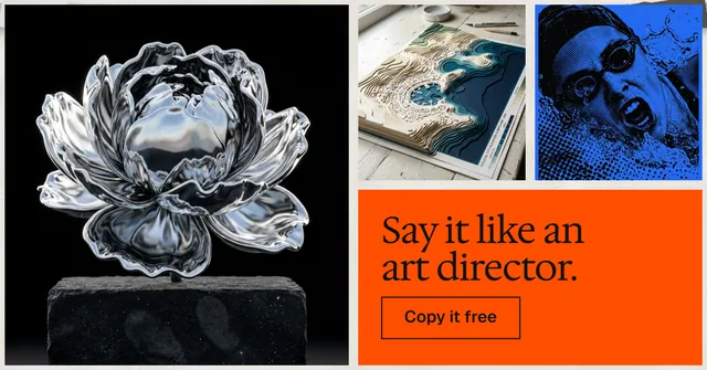 Social ad for HelloPrompts: "Say it like an art director." Editorial style, collage layout, dark palette in black, red, grey.