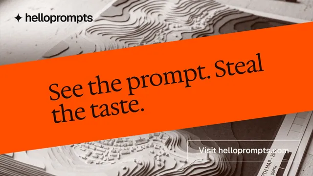 Landscape graphic for HelloPrompts: "See the prompt. Steal the taste." Editorial style, diagonal layout, light palette in orange, white, grey.