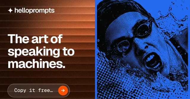 Social ad for HelloPrompts: "The art of speaking to machines." Agentic glass style, bottom layout, dark palette in orange, blue, black.