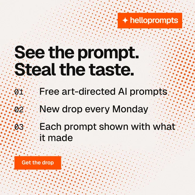 Instagram post for HelloPrompts: "See the prompt. Steal the taste." Swiss style, numbered layout, light palette in orange, white.