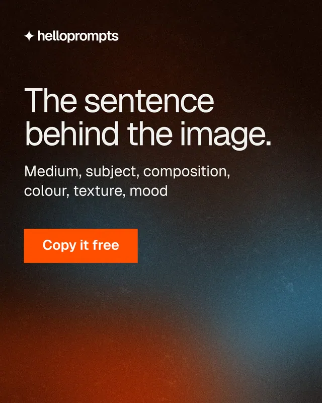 Instagram portrait post for HelloPrompts: "The sentence behind the image." Swiss style, skeleton layout, dark palette in black, orange, grey.