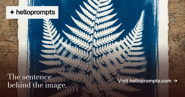 Social ad for HelloPrompts: "The sentence behind the image." Minimal luxury style, image led layout, dark palette in grey, black, blue.