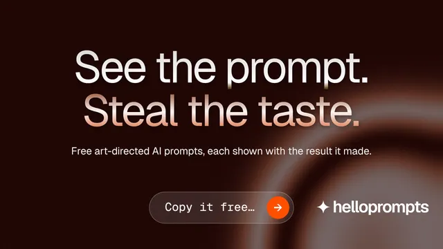 Landscape graphic for HelloPrompts: "See the prompt. Steal the taste." Agentic glass style, centred layout, dark palette in black, grey, red.