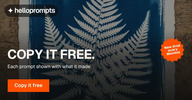 Social ad for HelloPrompts: "Copy it free." Swiss style, sticker layout, dark palette in black, orange, grey.