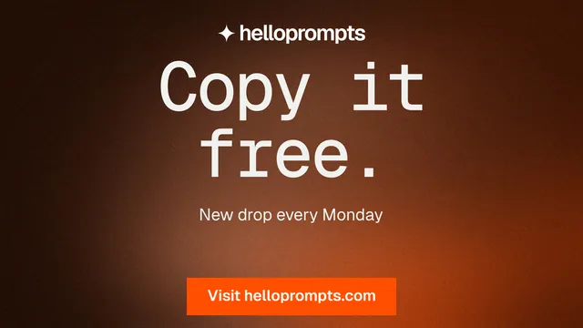 Landscape graphic for HelloPrompts: "Copy it free." Swiss style, centred layout, dark palette in orange, black.