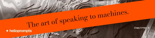 LinkedIn banner for HelloPrompts: "The art of speaking to machines." Minimal luxury style, diagonal layout, dark palette in orange.
