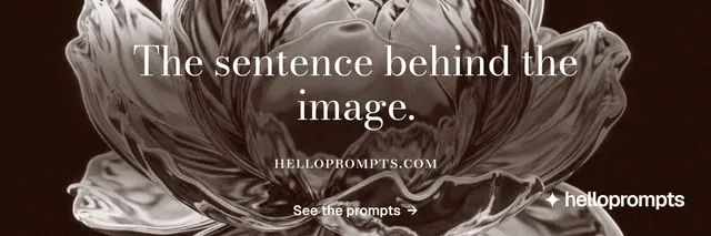 X header for HelloPrompts: "The sentence behind the image." Minimal luxury style, smallcaps layout, dark palette in black, grey, orange.