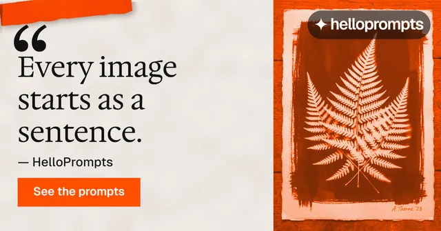 Social ad for HelloPrompts: "Every image starts as a sentence." Swiss style, quote layout, light palette in orange.