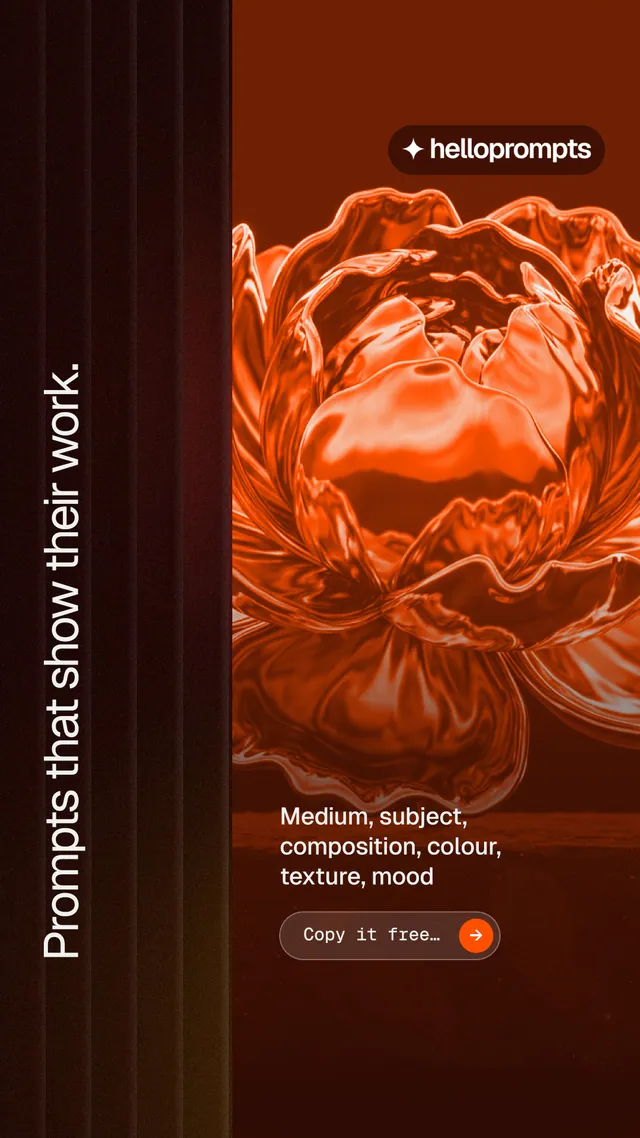 Instagram story for HelloPrompts: "Prompts that show their work." Agentic glass style, vertical layout, dark palette in black, orange, red.
