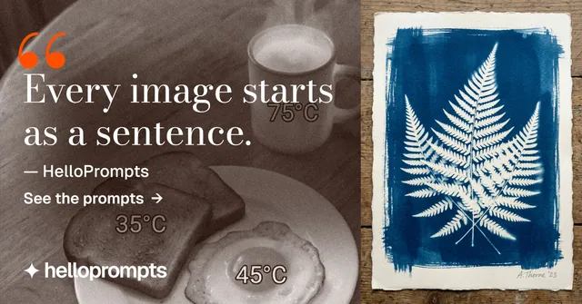 Social ad for HelloPrompts: "Every image starts as a sentence." Minimal luxury style, quote layout, dark palette in grey, blue, white.