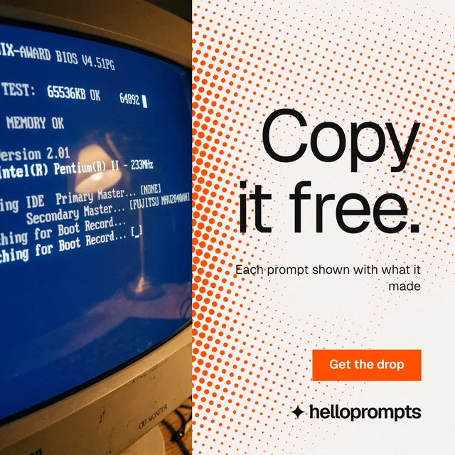 Instagram post for HelloPrompts: "Copy it free." Swiss style, right layout, light palette in blue, grey, white.