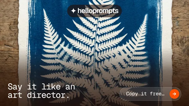 Landscape graphic for HelloPrompts: "Say it like an art director." Agentic glass style, image led layout, dark palette in orange, grey, blue.