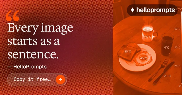 Social ad for HelloPrompts: "The sentence behind the image." Agentic glass style, quote layout, dark palette in red, orange.