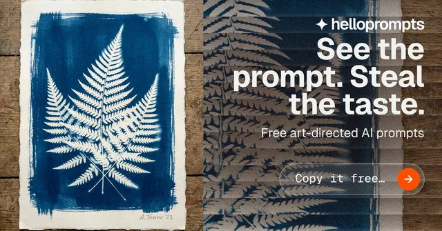 Social ad for HelloPrompts: "See the prompt. Steal the taste." Agentic glass style, right layout, dark palette in grey, blue, white.