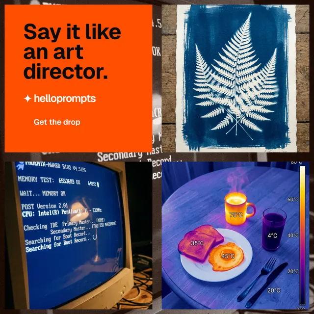 Instagram post for HelloPrompts: "Say it like an art director." Swiss style, collage layout, dark palette in blue, red, grey.